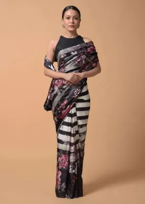 Black And White Shaded Saree In Satin With Stripes And Colorful Floral Print Online - Kalki Fashion