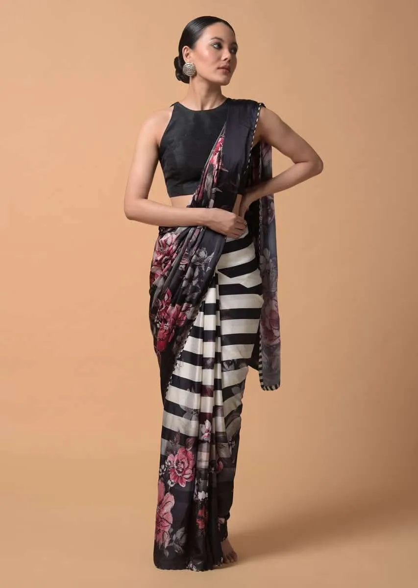 Black And White Shaded Saree In Satin With Stripes And Colorful Floral Print Online - Kalki Fashion