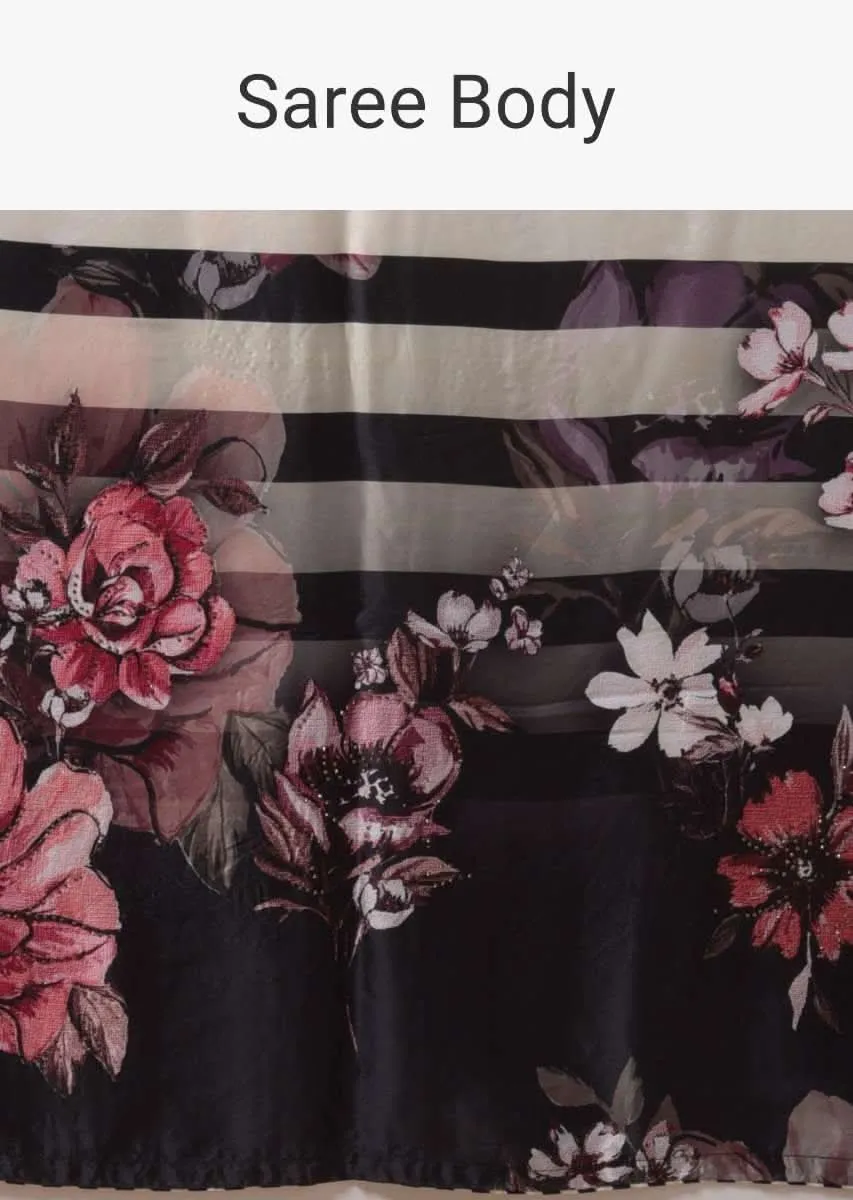Black And White Shaded Saree In Satin With Stripes And Colorful Floral Print Online - Kalki Fashion