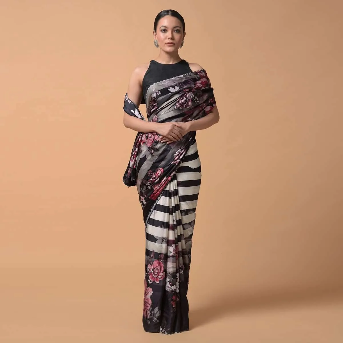 Black And White Shaded Saree In Satin With Stripes And Colorful Floral Print Online - Kalki Fashion