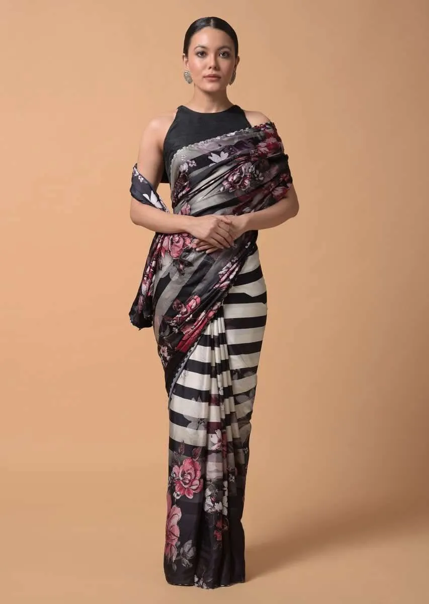 Black And White Shaded Saree In Satin With Stripes And Colorful Floral Print Online - Kalki Fashion