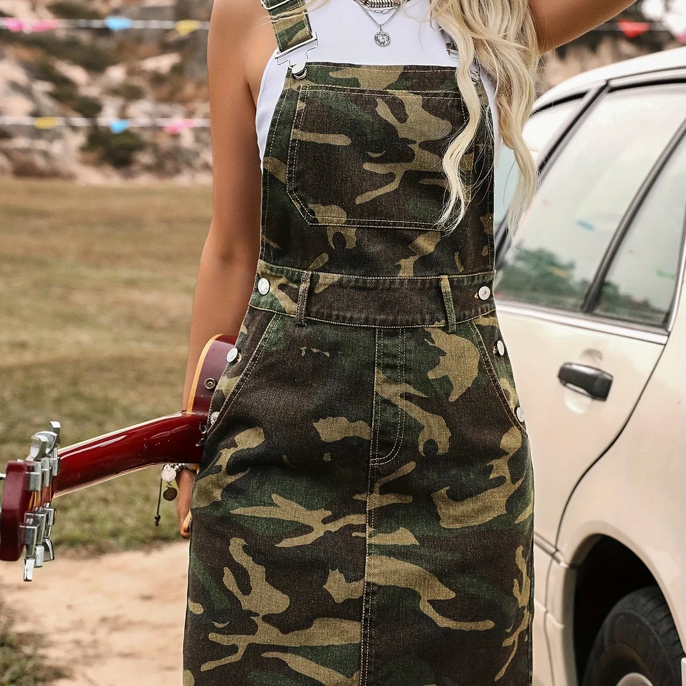 Green Camo Chic Overall Dress - Vintage Style with Pockets, Perfect for Festivals, Stylish Streetwear