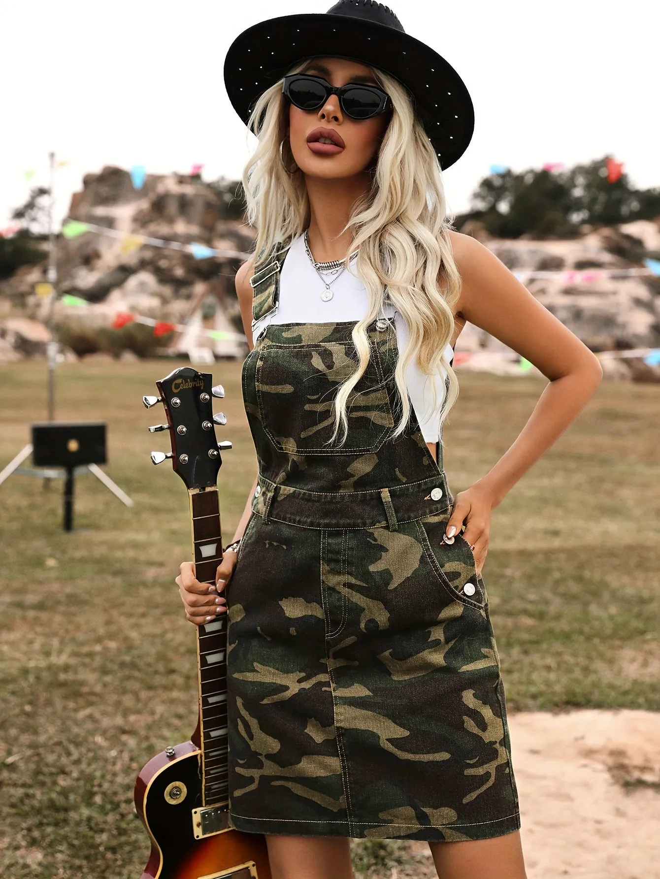 Green Camo Chic Overall Dress - Vintage Style with Pockets, Perfect for Festivals, Stylish Streetwear