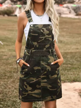 Green Camo Chic Overall Dress - Vintage Style with Pockets, Perfect for Festivals, Stylish Streetwear
