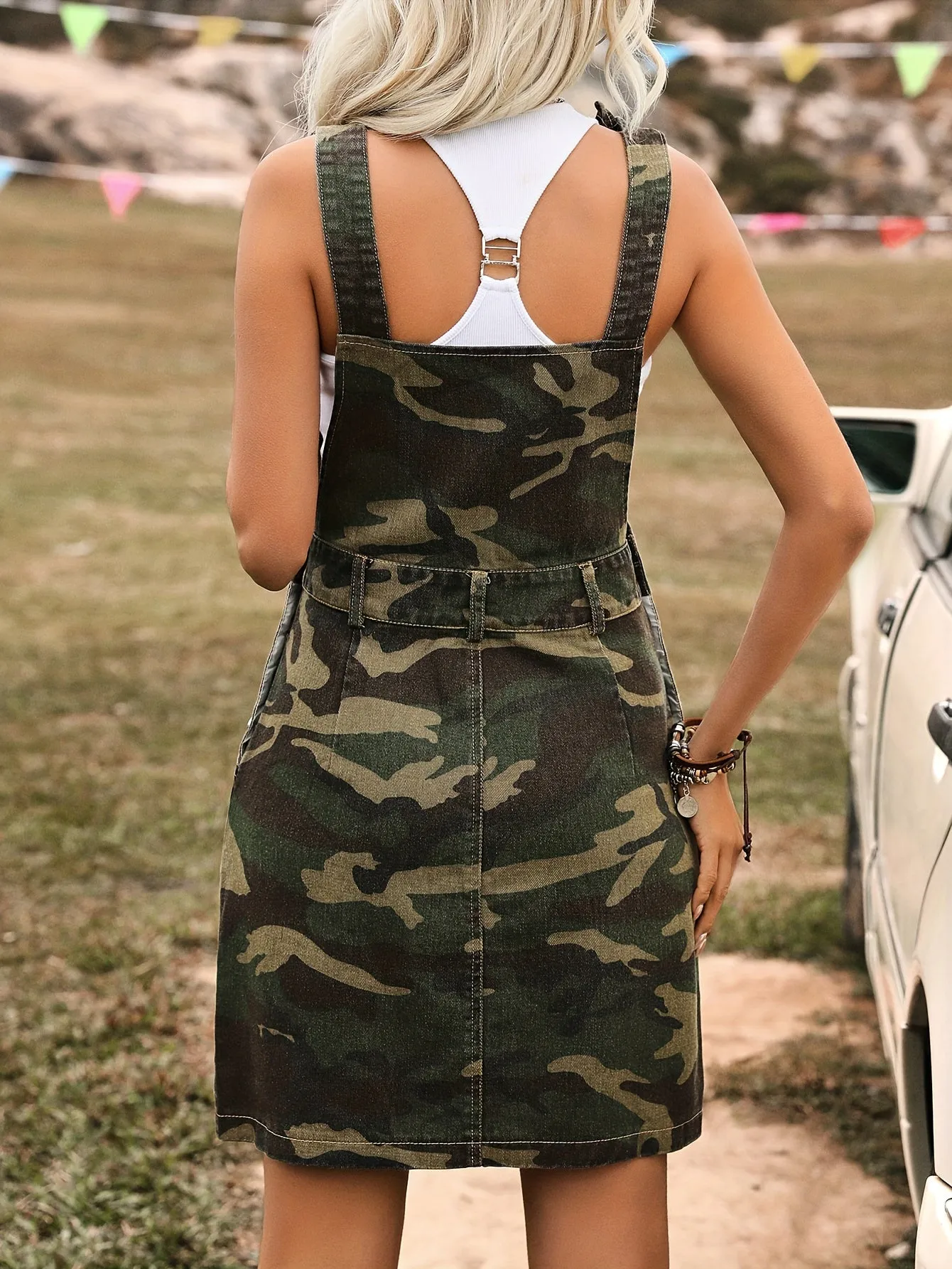 Green Camo Chic Overall Dress - Vintage Style with Pockets, Perfect for Festivals, Stylish Streetwear