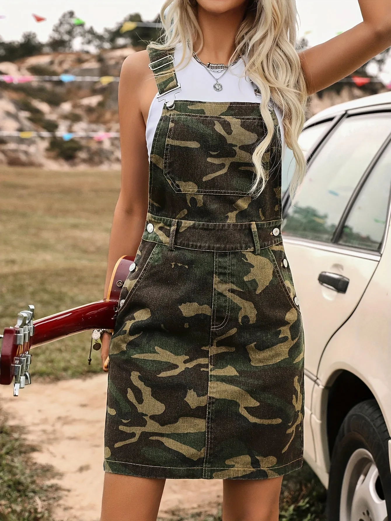 Green Camo Chic Overall Dress - Vintage Style with Pockets, Perfect for Festivals, Stylish Streetwear