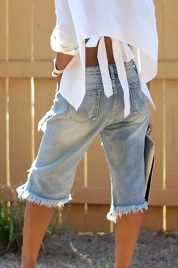 hulianfu Blue Stylish Denim Multi-Length Ripped Shorts