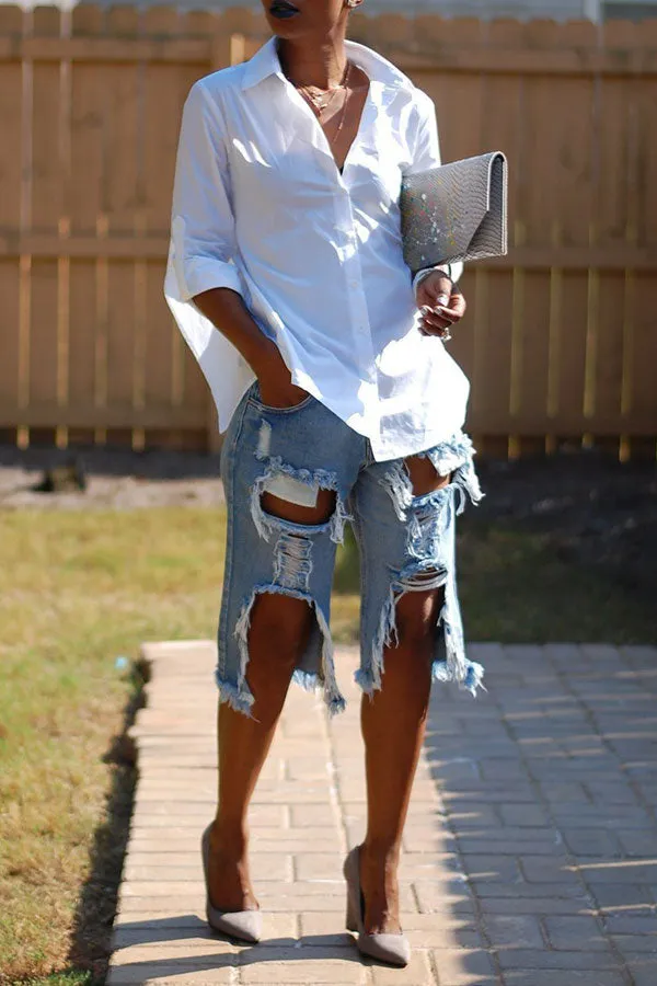 hulianfu Blue Stylish Denim Multi-Length Ripped Shorts