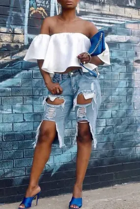 hulianfu Blue Stylish Denim Multi-Length Ripped Shorts