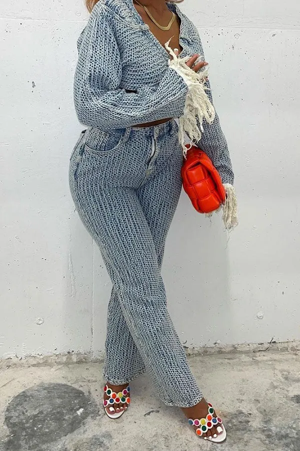 hulianfu Crochet Hollow-Out Stylish Wide Leg Denim Pant Suit