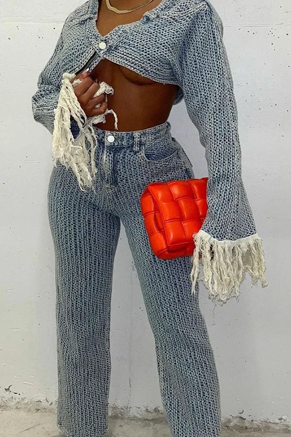hulianfu Crochet Hollow-Out Stylish Wide Leg Denim Pant Suit