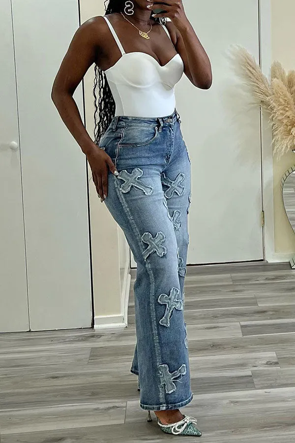 hulianfu Cross Applique Stylish Gradient Jeans