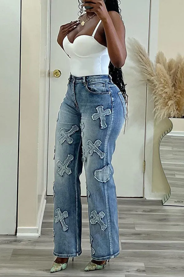 hulianfu Cross Applique Stylish Gradient Jeans