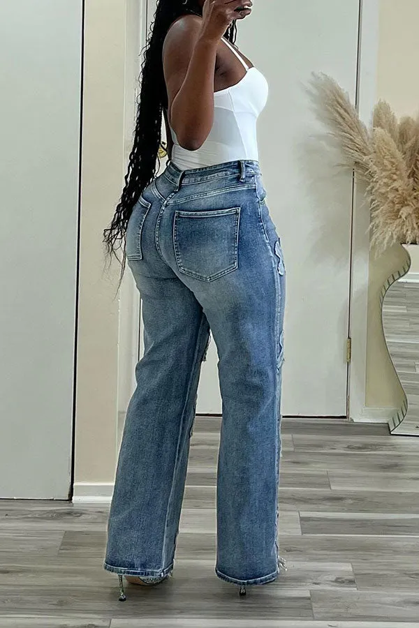 hulianfu Cross Applique Stylish Gradient Jeans
