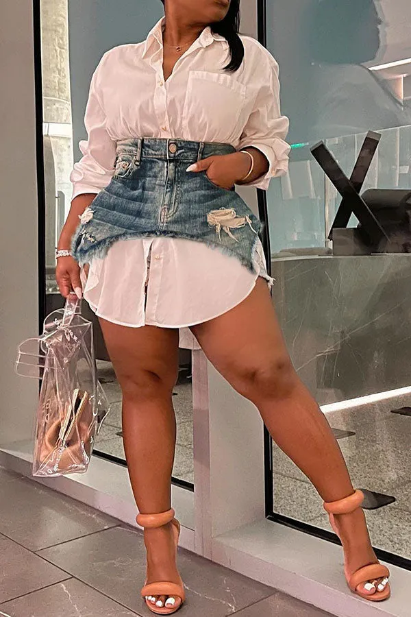 hulianfu Denim Combo Stylish Mini Dress Two Piece