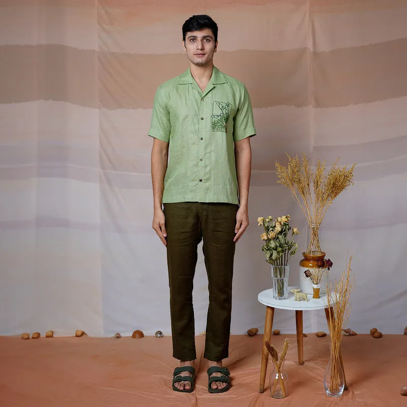 Linen Half Sleeves Shirt | Cream | Tropical Leaf