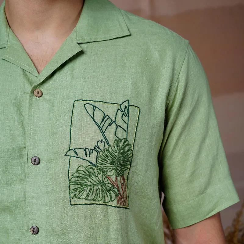 Linen Half Sleeves Shirt | Cream | Tropical Leaf