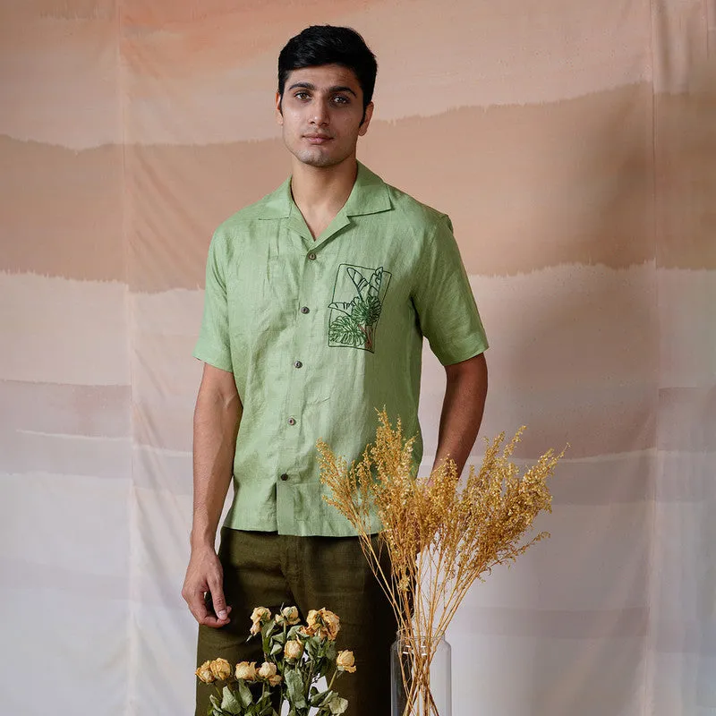 Linen Half Sleeves Shirt | Cream | Tropical Leaf