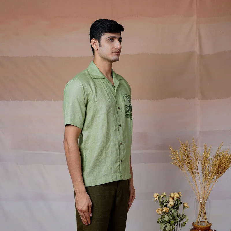 Linen Half Sleeves Shirt | Cream | Tropical Leaf