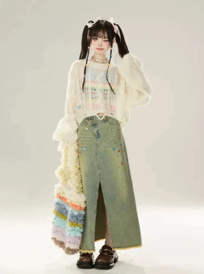 Skirt Slit Sequin Denim