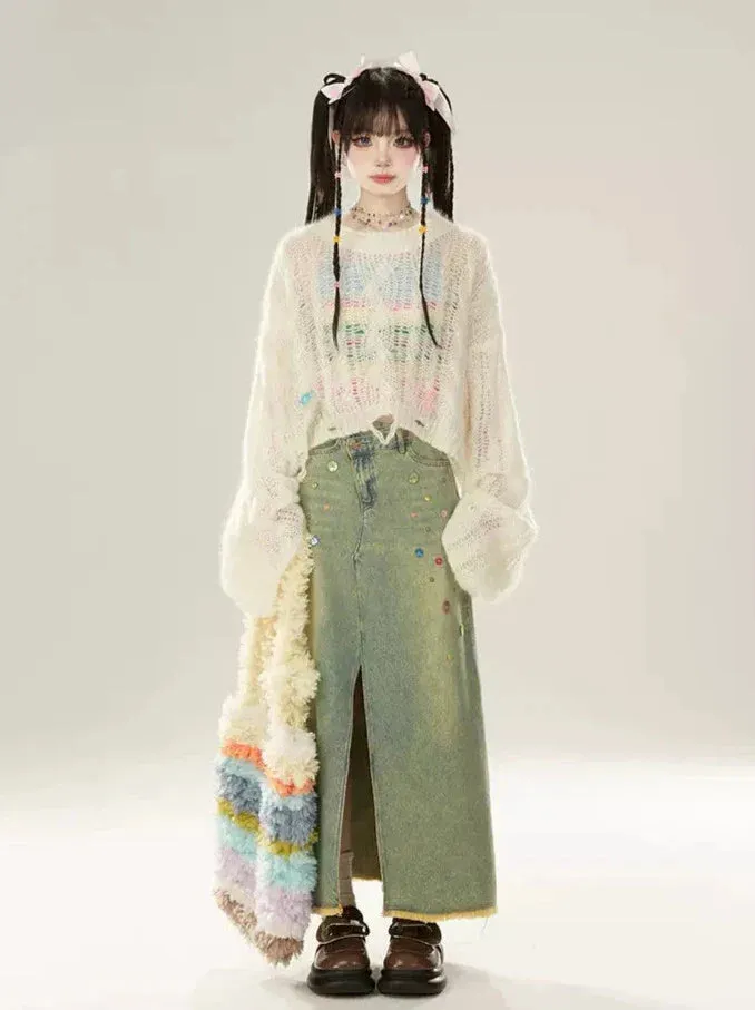 Skirt Slit Sequin Denim